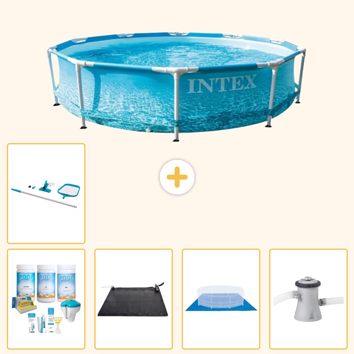 Intex Rond Frame Zwembad - 305 x 76 cm - Waterprint - Inclusief Onderhoudspakket - Solar Mat - Grondzeil - Zwembadfilterpomp - Schoonmaakset - 6-delig