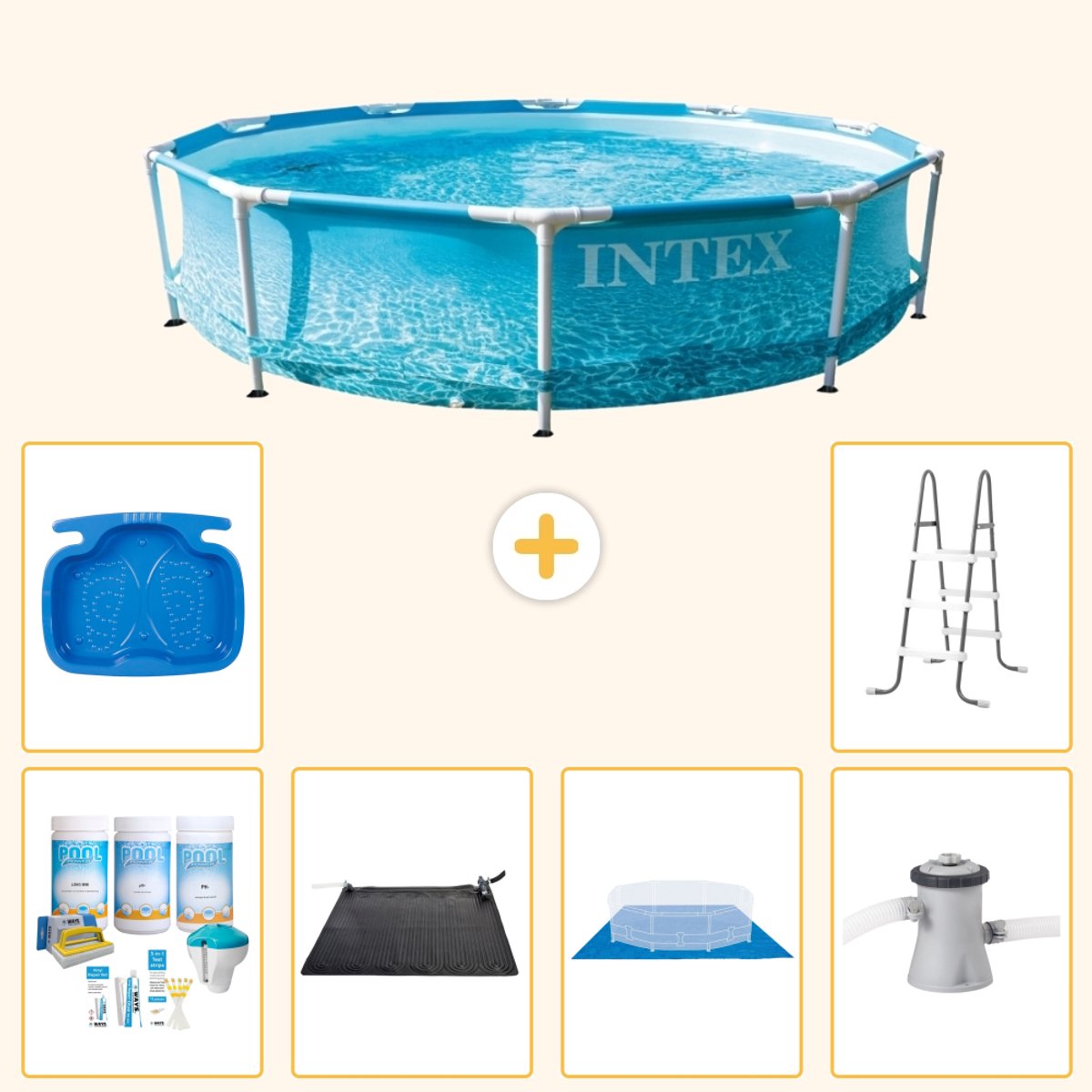 Intex Rond Frame Zwembad - 305 x 76 cm - Waterprint - Inclusief Onderhoudspakket - Solar Mat - Grondzeil - Zwembadfilterpomp - Voetenbad - Ladder - 7-delig