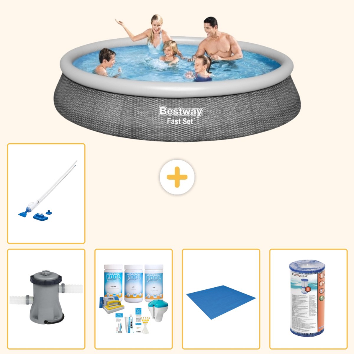 Bestway Rond Opblaasbaar Fast Set Zwembad - Rotanprint - 396 x 84 cm - Inclusief Pomp - Onderhoudspakket - Grondzeil - Filter - Stofzuiger - 6-delig