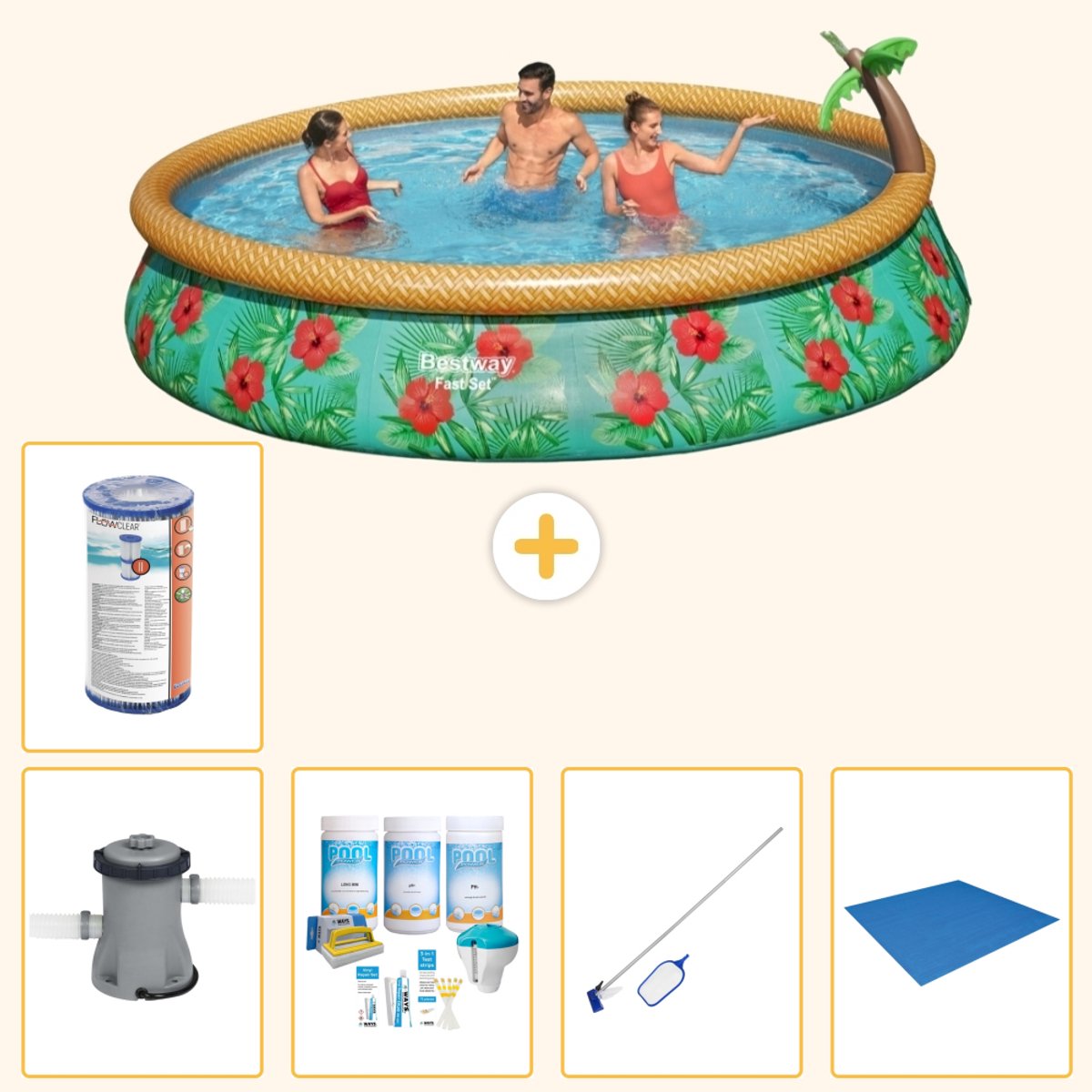 Bestway Rond Opblaasbaar Fast Set Zwembad - Paradijsprint - 457 x 84 cm - Inclusief Pomp - Onderhoudspakket - Schoonmaakset - Grondzeil - Filter - 6-delig