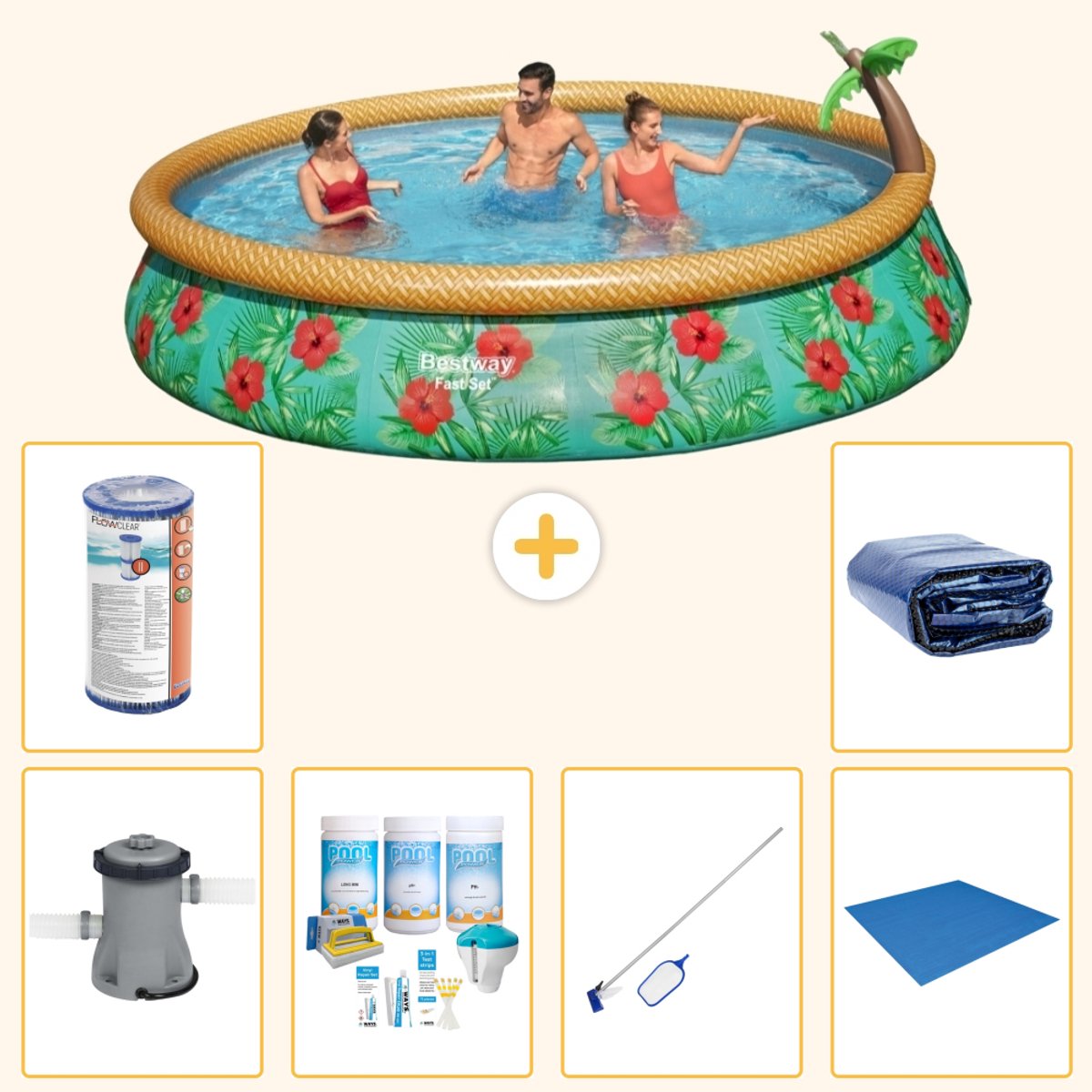 Bestway Rond Opblaasbaar Fast Set Zwembad - Paradijsprint - 457 x 84 cm - Inclusief Pomp - Onderhoudspakket - Schoonmaakset - Grondzeil - Filter - Solarzeil - 7-delig