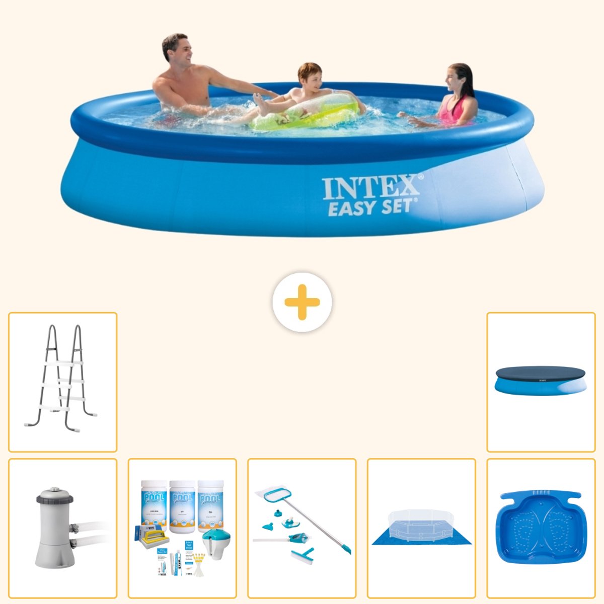 Intex Rond Opblaasbaar Easy Set Zwembad - 366 x 76 cm - Blauw - Inclusief Pomp - Onderhoudspakket - Schoonmaakset - Grondzeil - Voetenbad - Ladder - Afdekzeil - 8-delig