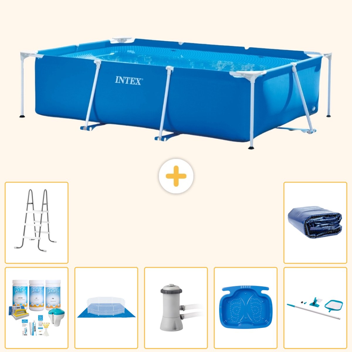 Intex Rechthoekig Frame Zwembad - 300 x 200 x 75 cm - Blauw - Inclusief Onderhoudspakket - Grondzeil - Zwembadfilterpomp - Voetenbad - Ladder - Schoonmaakset - Solarzeil - 8-delig