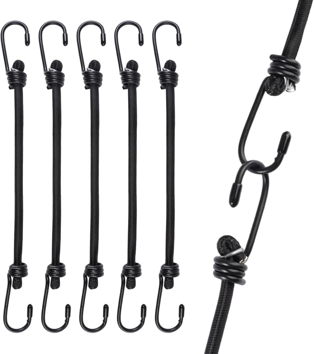 Set van 5 Stuks Verstelbare Elastische Lijnen met Haken, 30 cm Lange Expander Straps voor Fietsen, Motoren, Kamperen en Tuinwerkzaamheden