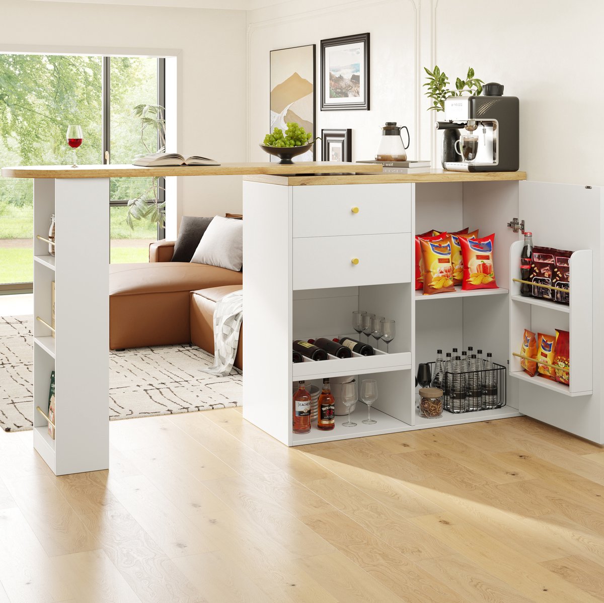 COVREO Dressoir 204 x 39 x 104 cm - draaibaar, met laden, open opbergruimte, wit