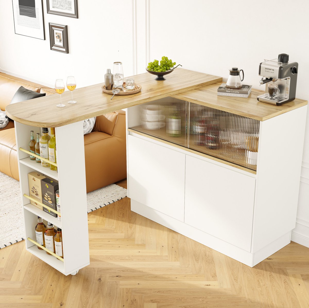 COVREO Keukenkast 120 x 45 x 100 cm - 360° draaibaar, glazen schuifdeur, wit