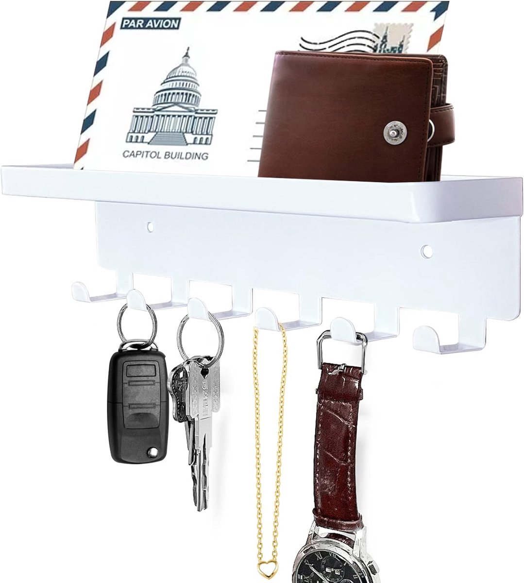 SnelShoppen - Wand Keyholder met 6 Haken en Lade, Muurbevestigde Sleutelrek voor Hal, Sleutelhouder met Opbergrek (Wit)