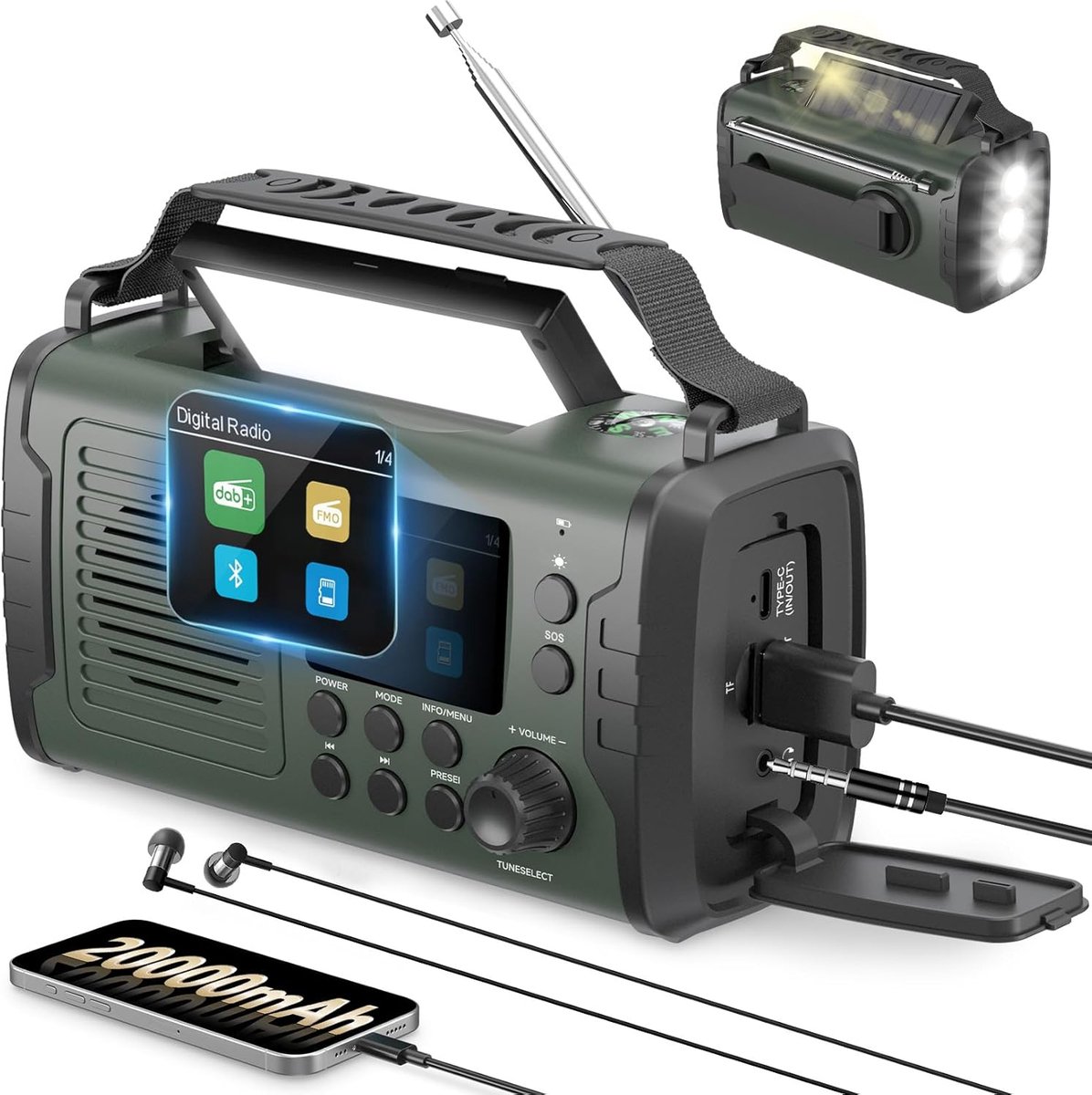 Thijox - 20000 mAh Noodradio DAB FM, Wind Up Radio met Bluetooth, Wekker, SOS-Noodalarm, Zaklamp en Leeslamp in Groen - Ideaal voor Camping, Survival