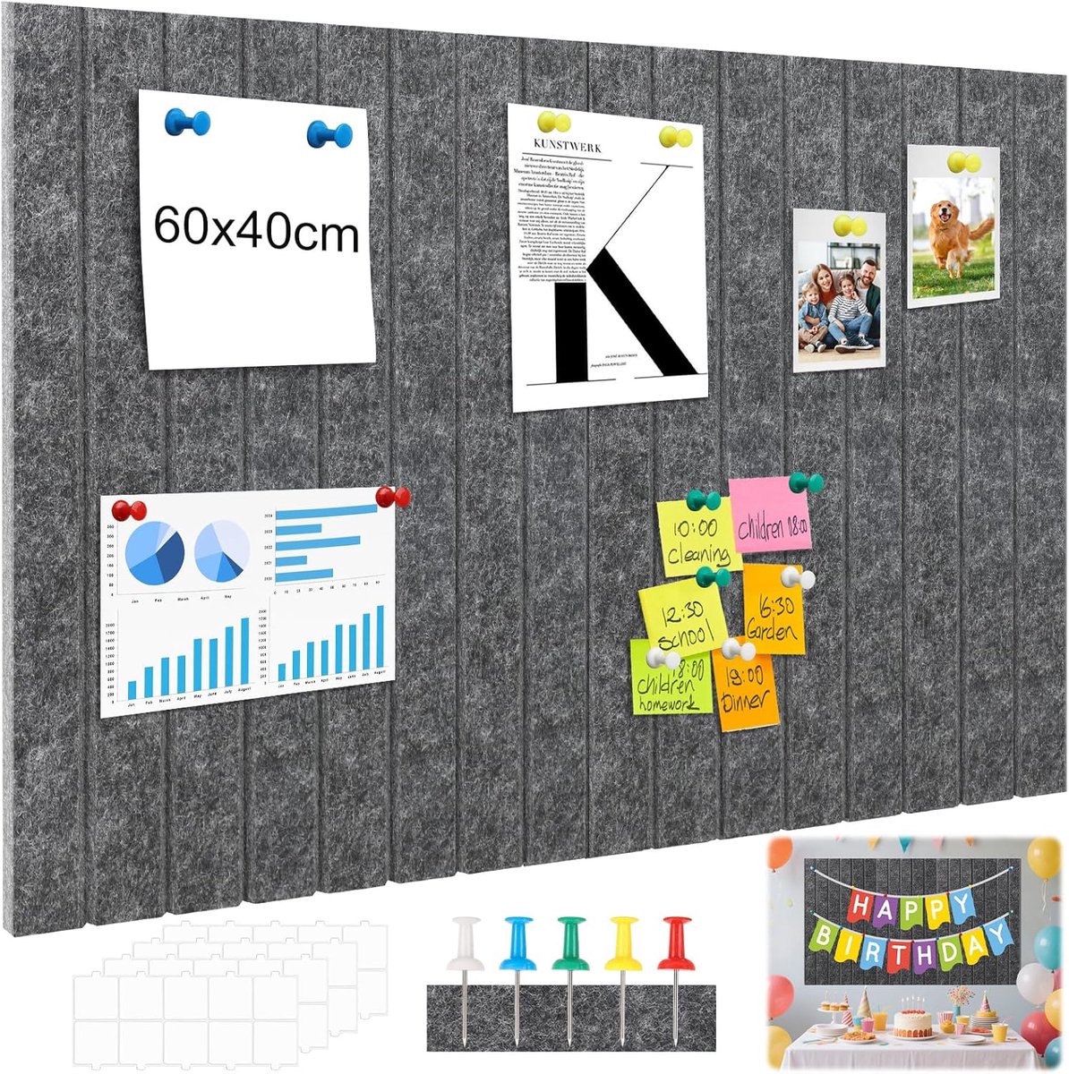 Thijox - 60 x 40 cm Kurkbord Set van 4 Stuks Donkergrijs Prikbord met 60 Punaises en 40 Zelfklevende Lipjes voor Muren, Thuiswerk, School, Creatieve P