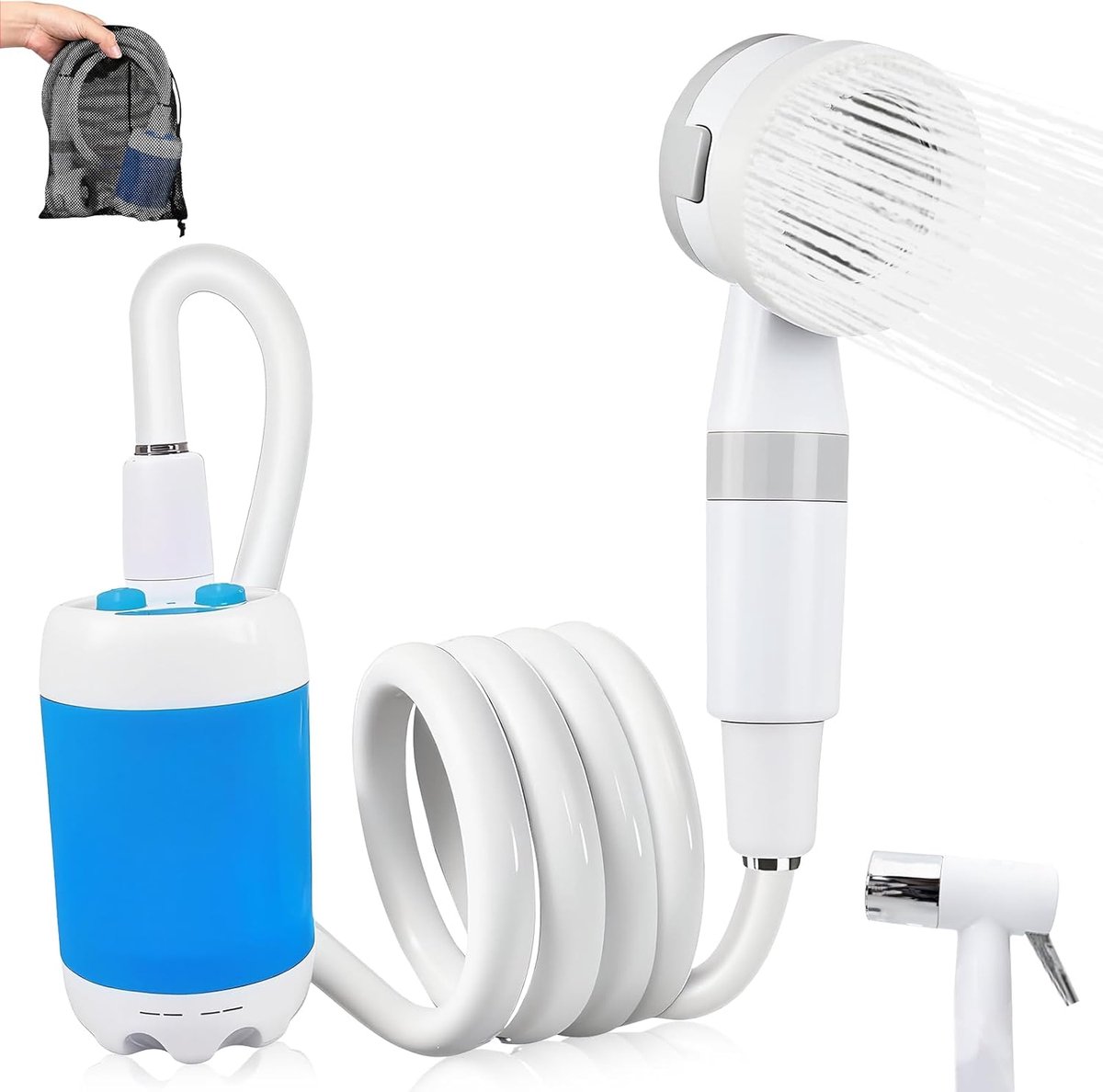 Ulisem - Draagbare campingdouche - USB oplaadbare outdoor douchepomp - 5000mAh batterij met 1-2 uur gebruik - 2 spuitstanden voor zacht en krachtig - 2 meter slang en opberghoes - Met zuignap en haak - Geschikt voor camping en huisdieren - Blauw
