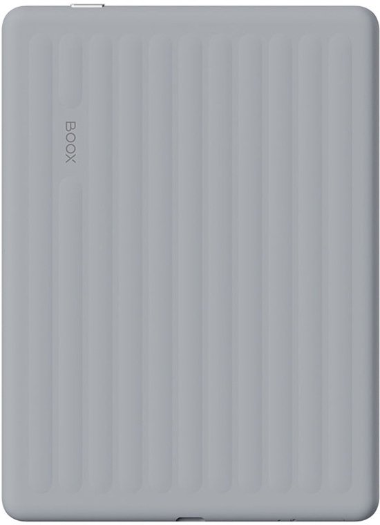 Grijze BOOX e-reader met verticale ribbels op de achterkant.