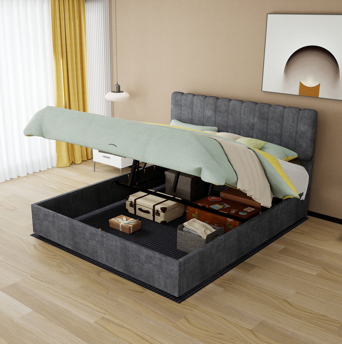 STILVORA Gestoffeerd Bed 160x200 cm – Opbergbed Met Gaslift En Zacht Hoofdbord – Lattenbodem – Tweepersoons – Stof – Grijs – Zonder Matras