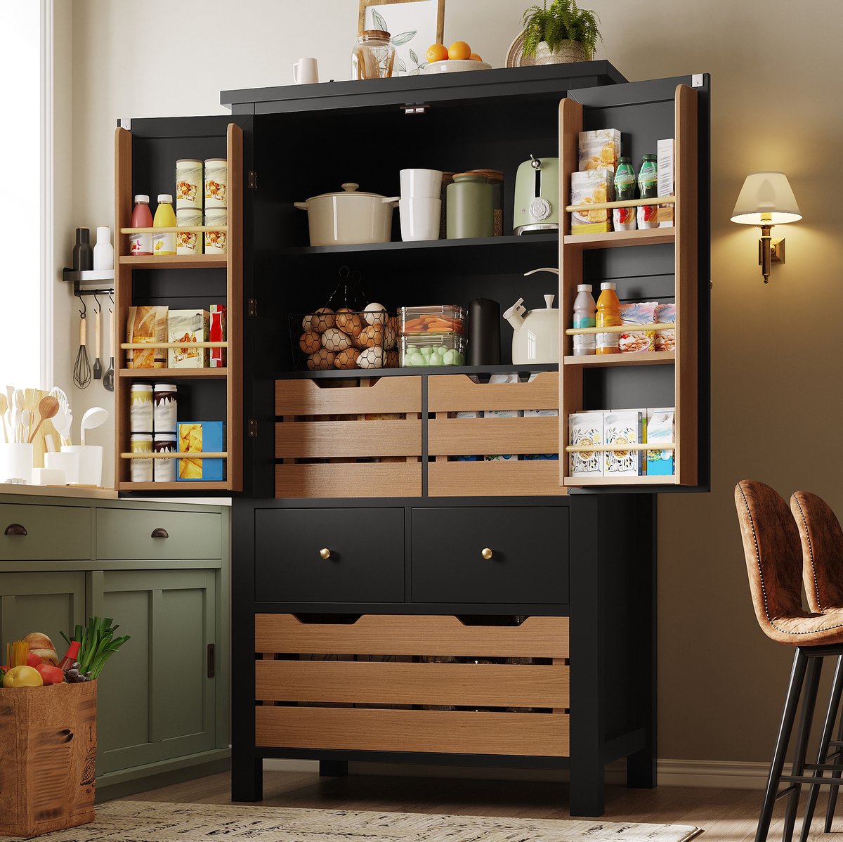 COVREO Keukenkast 80x40x140 cm - met 2 deuren, 5 lades, opbergvakken, zwart