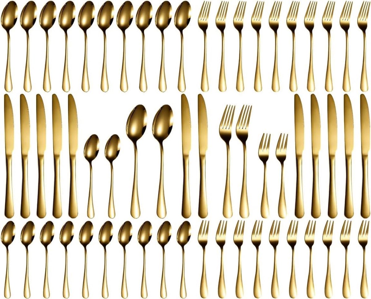 Thijox - 60-delige gouden roestvrijstalen bestekset voor 12 personen, elegant hoogglans gepolijst bestek met steakmes, vaatwasmachinebestendig, ideaal
