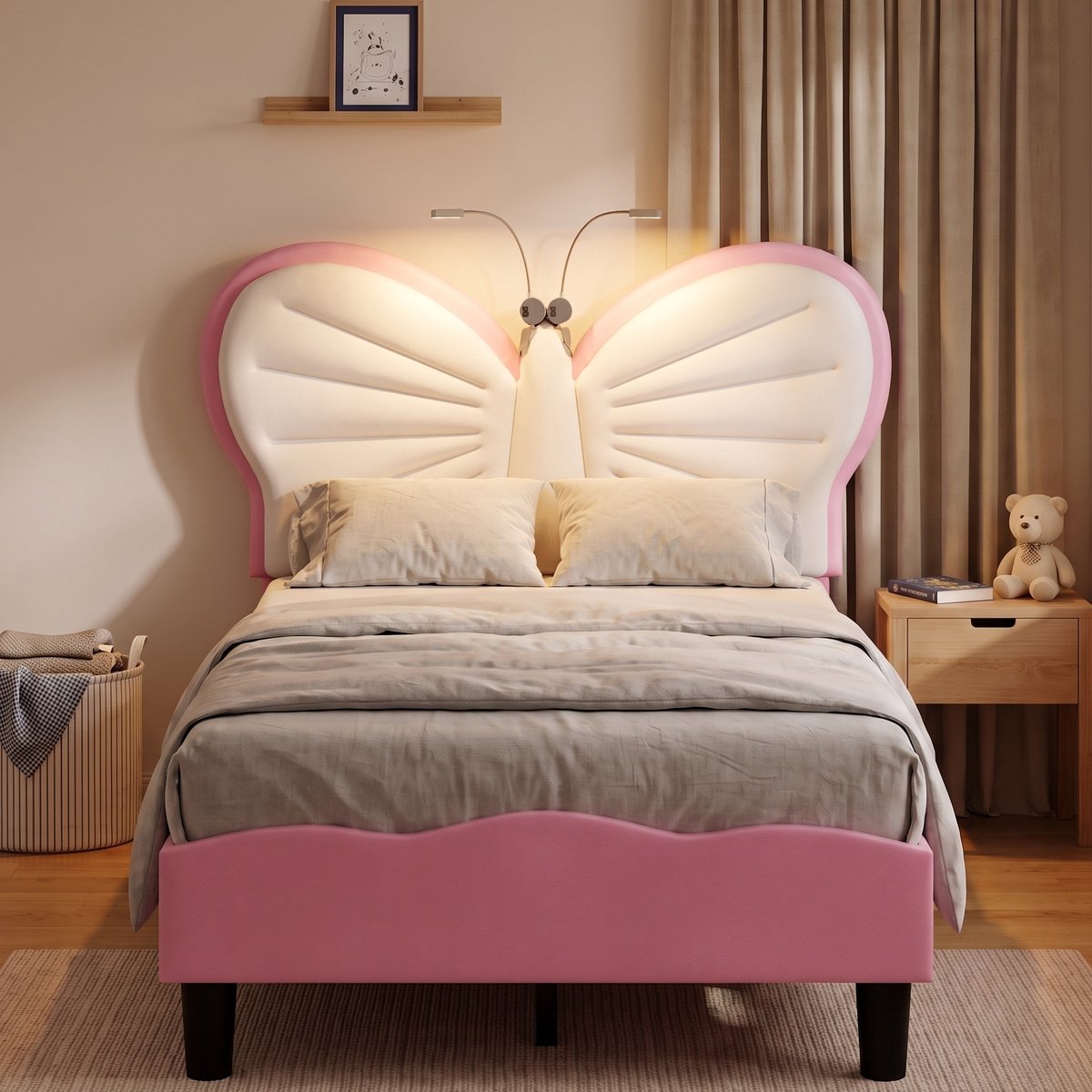 Gestoffeerd Eenpersoonsbed 90x190 cm - Kinderbed met leeslamp en verstelbaar vlinder hoofdbord - Fluwelen bed - Roze en Wit