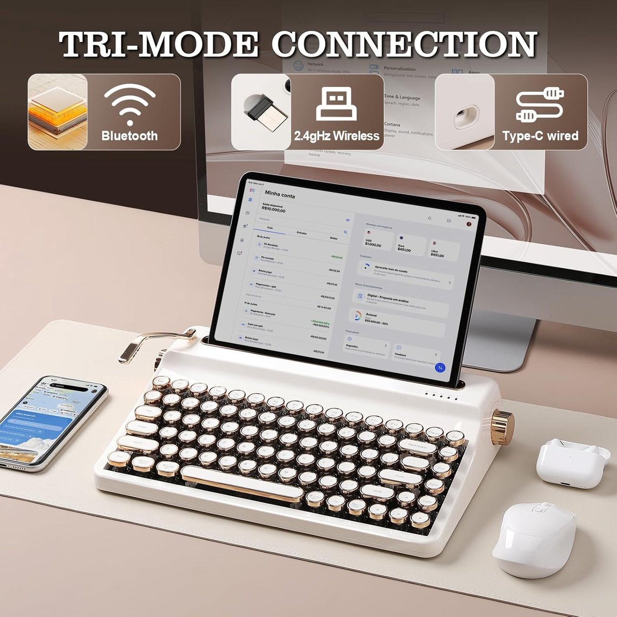 Thijox - Retro Mechanisch Toetsenbord YUNZII QL75 Draadloos Typewriter Toetsenbord RGB Backlit Hot Swappable Multi-Apparaat Wit Onyx Tactile thumbnail 3
