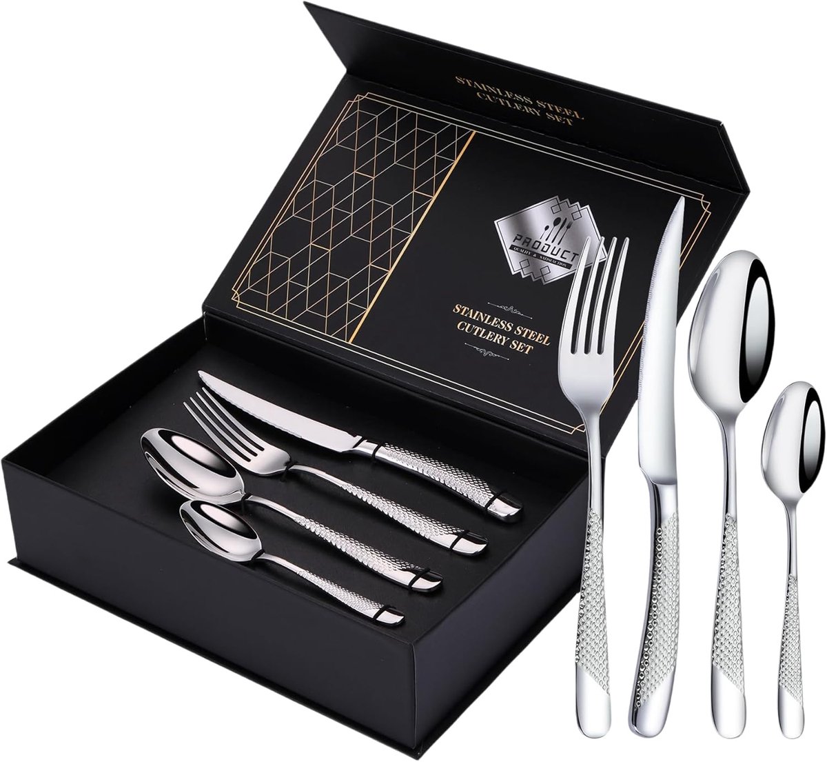 SnelShoppen - 24-delige Bestekset, Gehamerde RVS Bestek, Mes, Vork, Lepel, Eetbestek voor 6 Personen, Moderne Zilveren Bestekset voor Thuis, Restauran