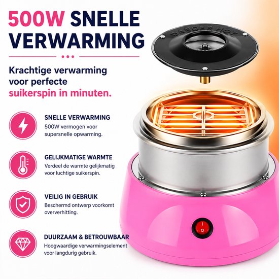 Waxels® Suikerspin Machine 450W – Elektrische Suikerspinmaker – Mini Cotton Candy Machine – Compacte Suikerspinmaker voor Thuis – Inclusief Maatlepel & Stokjes – Rood – EU Stekker — afbeelding 3