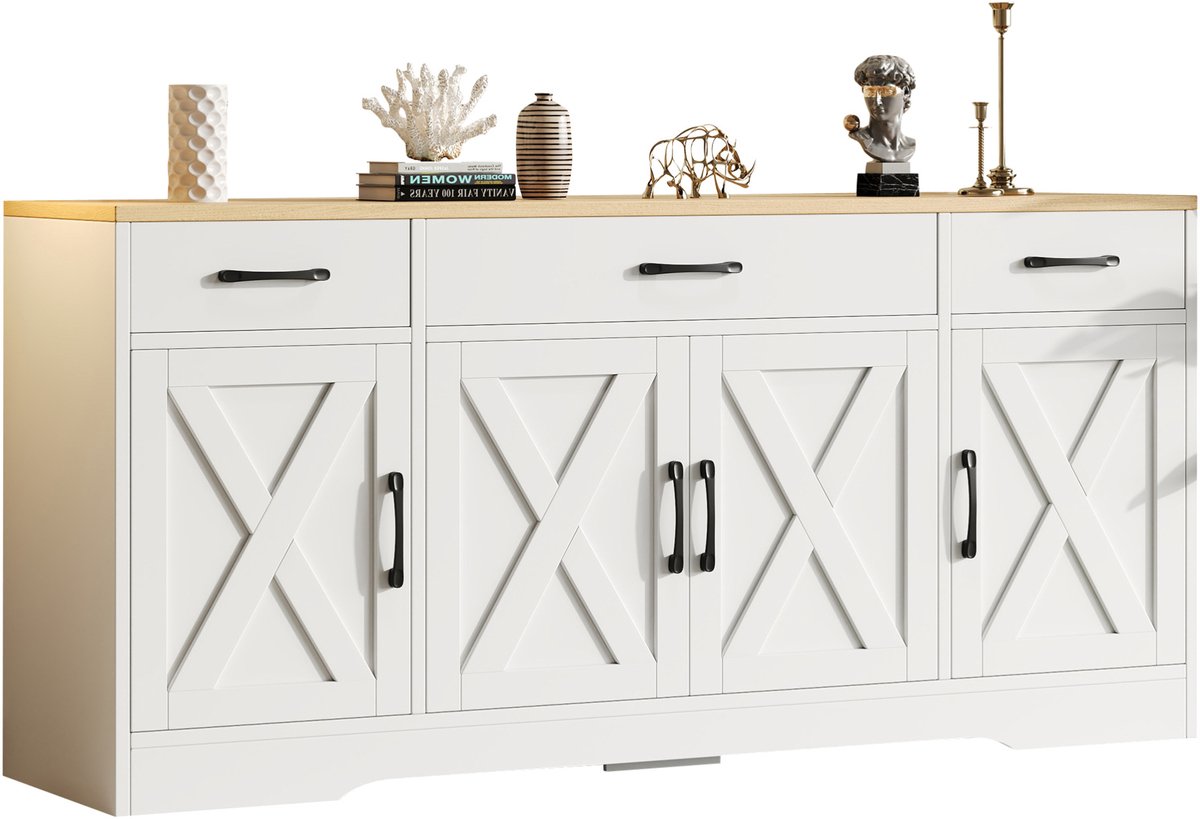 COVREO dressoir 160x37x75 cm - MDF, 3 lades, 4 deuren, wit