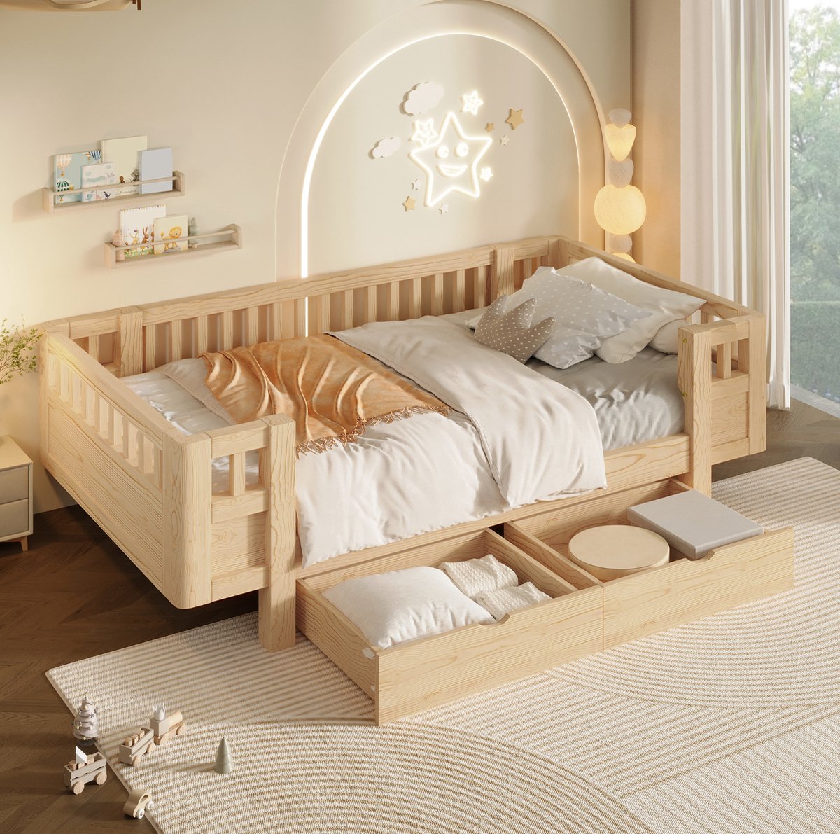 OKWISH Bed 90x200 cm - Hoog Veiligheidshek - Met 2 Opberglades - Kinderkamer - Hout En MDF - Houtkleur - Zonder Matras