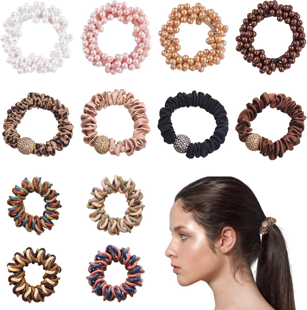 Thijox - 12 Gomas para el Pelo Mujer, Scrunchies met Perlen, 3 Stijlen, Luxe Zijde en Spiral Gomas, Perfect voor Feest, Dans en Dagelijks Gebruik