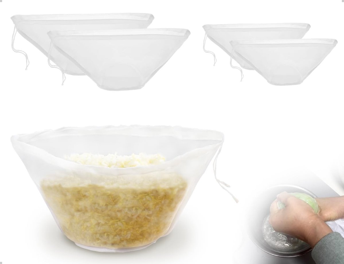 Herbruikbare Notenmelkzakken, Set van 4, Fijnmazig Filter, Wasbare Nylon Zak met Trekkoord, Perfect voor Melk, Sappen en Kaasbereiding
