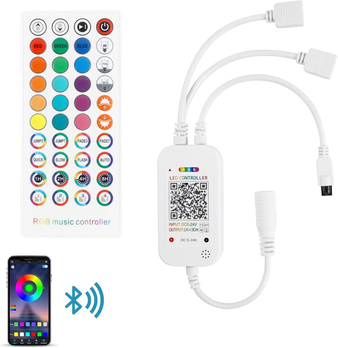 SnelShoppen - Bluetooth RGB LED Music Controller met Smart App, 40-Key IR Remote, 2-Port 4-Pin DC 5-24V voor SMD 5050 3528 RGB LED Strip, Geschikt voo