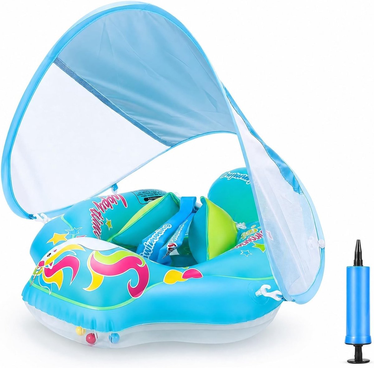 Opblaasbare babyzwemring met zonnedak, zwemhulp voor baby's, anti-kantelbescherming en veilig spelen in het water