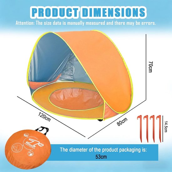 Oranje strandschelp pop-up tent voor baby's en peuters met UPF 50+ uv-bescherming en waterdichte bodem, ideaal voor strand en buitenactiviteiten — afbeelding 3