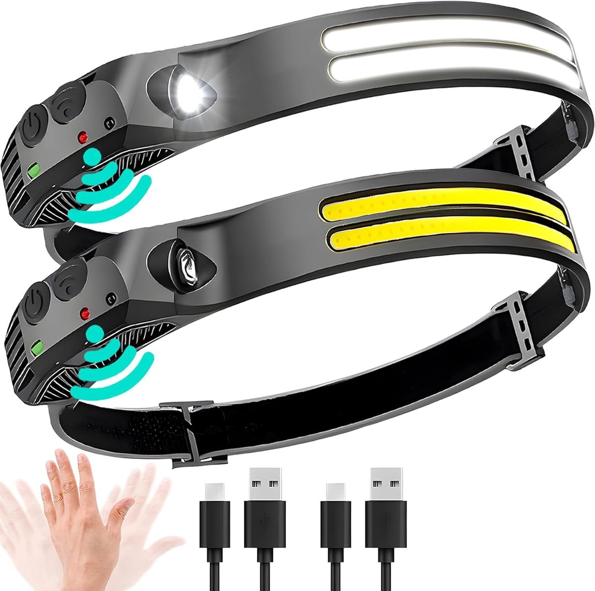 Hoofdlamp - 2 stuks oplaadbare COB LED 230° breedstraling USB-C aansluiting voor wandelen hardlopen kamperen volwassen nachtgebruik