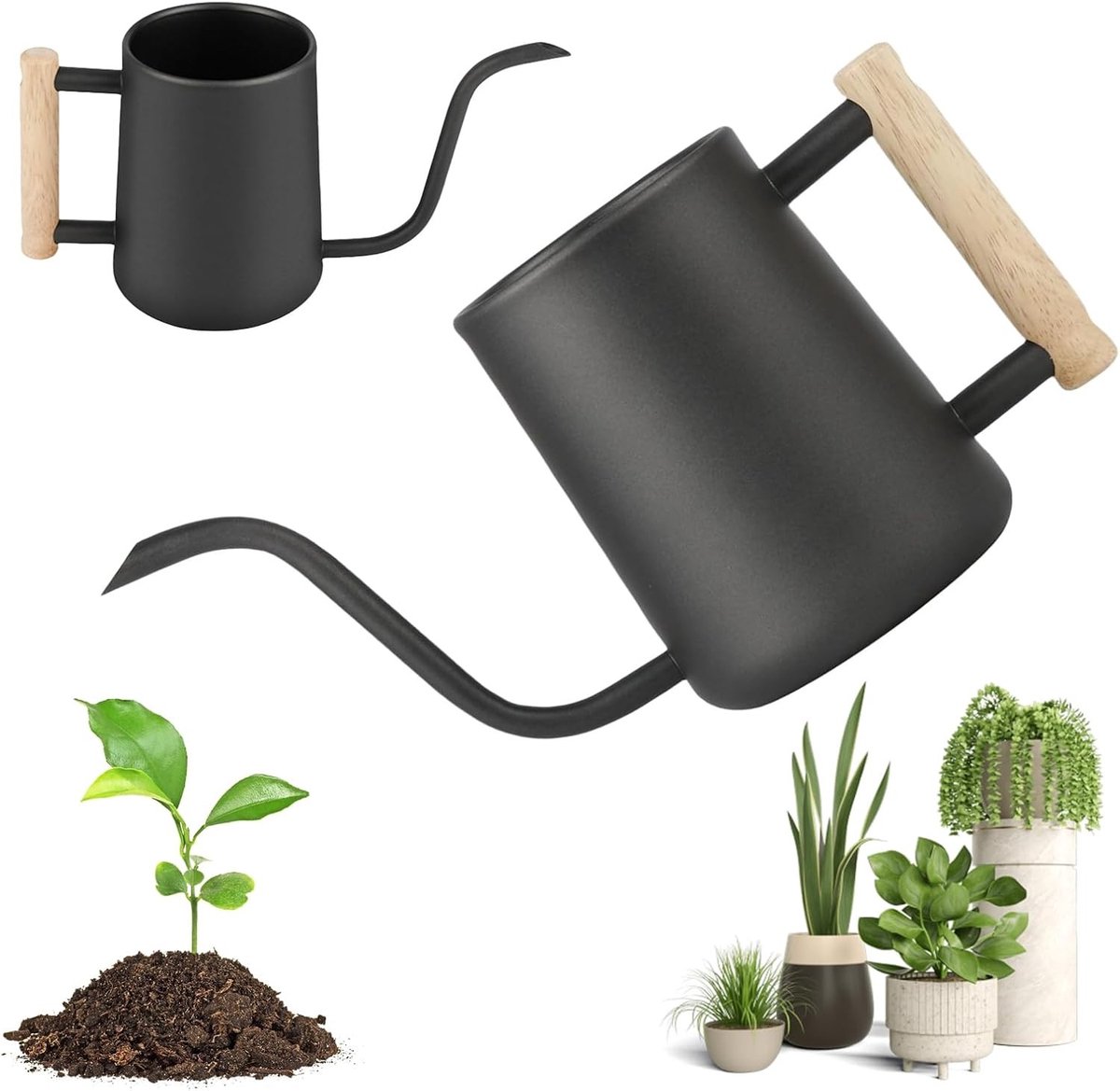 Stainless steel gieter voor binnenplanten met houten handvat en lange tuit, ideaal voor succulenten en bonsai