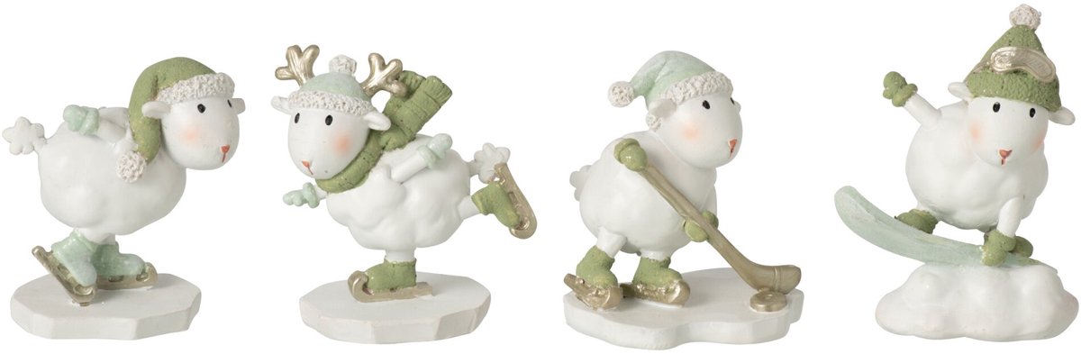 J-Line Schaatsend schaap - steen - wit/groen - assortiment van 4