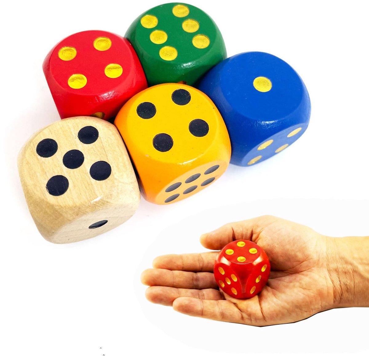 SolidKeus - Set van 5 Houten Dobbelstenen met Ronde Hoeken in Diverse Kleuren