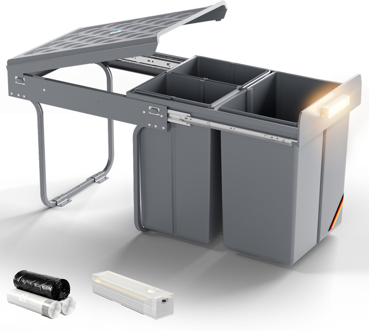 Soontrans - Inbouw Prullenbak Uittrekbaar - Metalen Frame - Afvalemmer voor Keukenkast - Soft-Close Glijsysteem - Afvalscheidingssysteem - Afvalbak 20L+10L+10L - 3 Vakken - Grijs