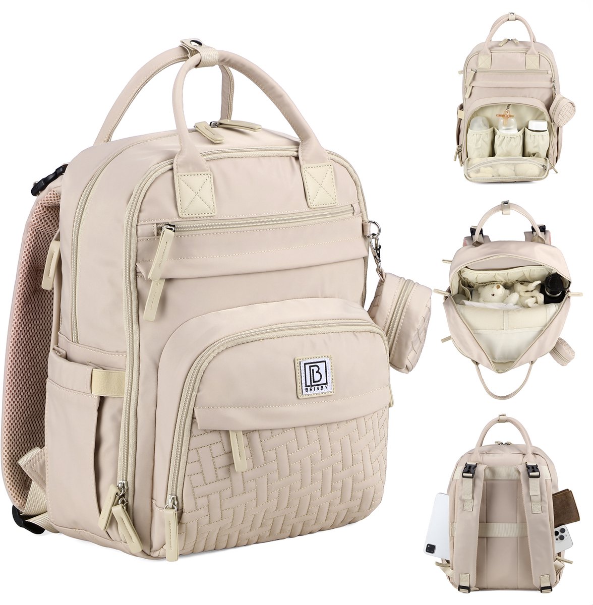 Brisby Premium Luiertas – Uitgebreide en Functionele Verzorgingstas – met Buggymontage – Anti Diefstal Vakken - Reistrolley Sleeve - Levenslange Garantie - Smooth Champagne