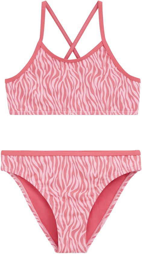 Roze bikini met zebraprint. Top met gekruiste bandjes op de rug. Bijpassend broekje.