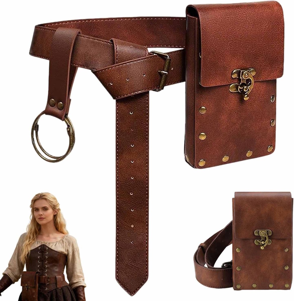Riem Accessoires, Middeleeuwse Lederen Riem met Vintage Heuptas, Middeleeuwse Riem, Renaissance Riem Pouch Set, voor Cosplay, Maskerade, Halloween Party