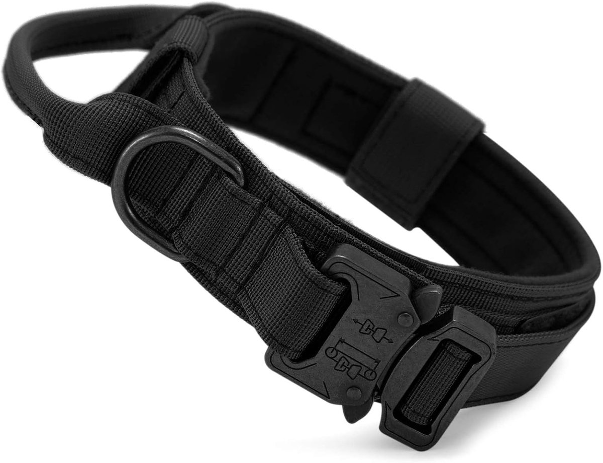 Tactische hondenhalsband, militaire hondenhalsband met handvat, verstelbare legersterke halsband, metalen gesp, gewatteerd voor kleine, middelgrote honden, jacht, trainen, buitenshuis (zwart-M)
