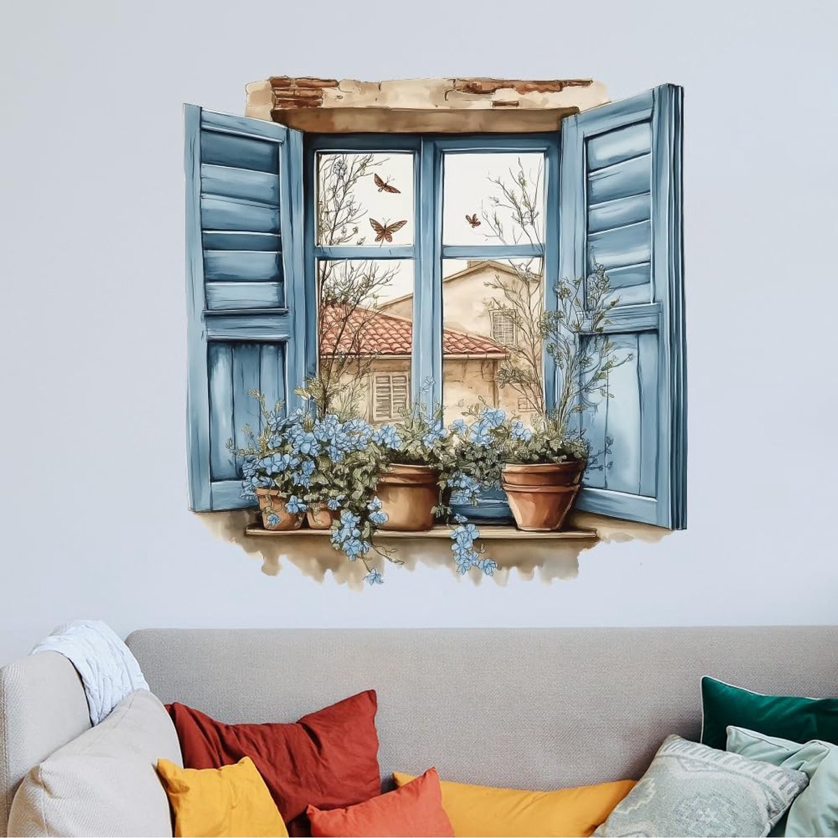 Aquarel Vensterbank Muursticker Potten Planten Muurstickers Vensterbank Muur Decor Vinyl Wall Art Decor Muurstickers voor Woonkamer Slaapkamer Muurschildering 2 Vellen/Set