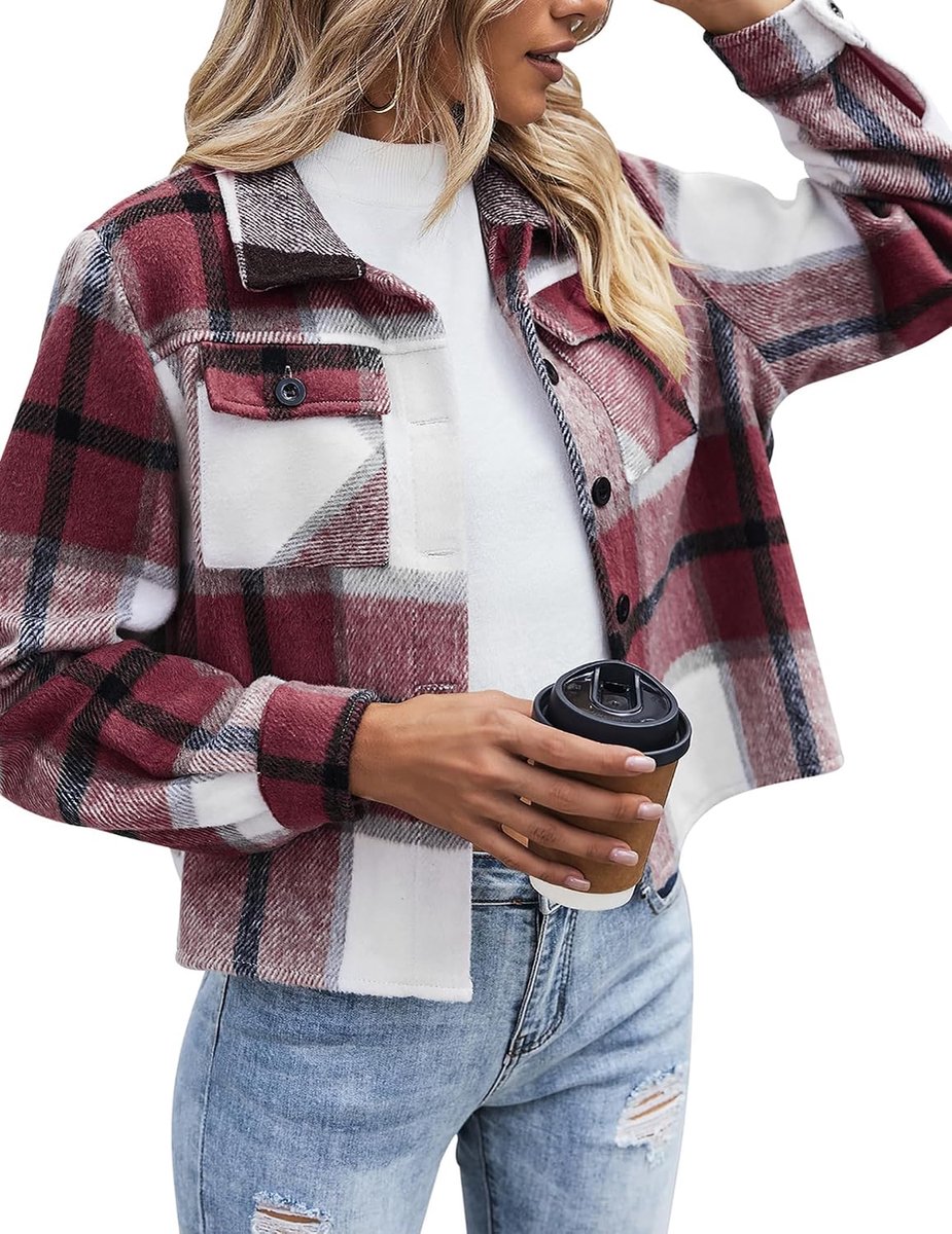 Flanellen jas voor dames, geruit, lange mouwen, korte jas, revers, button-down shacket