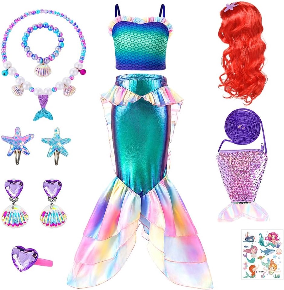 Zeemeerminkostuum voor meisjes, prinses Ariel, kostuumjurk met Ariël, zeemeerminpruik, Arielkostuum, kindercadeaus voor meisjes, zeemeerminjurk voor cosplay, carnaval, feest (130)