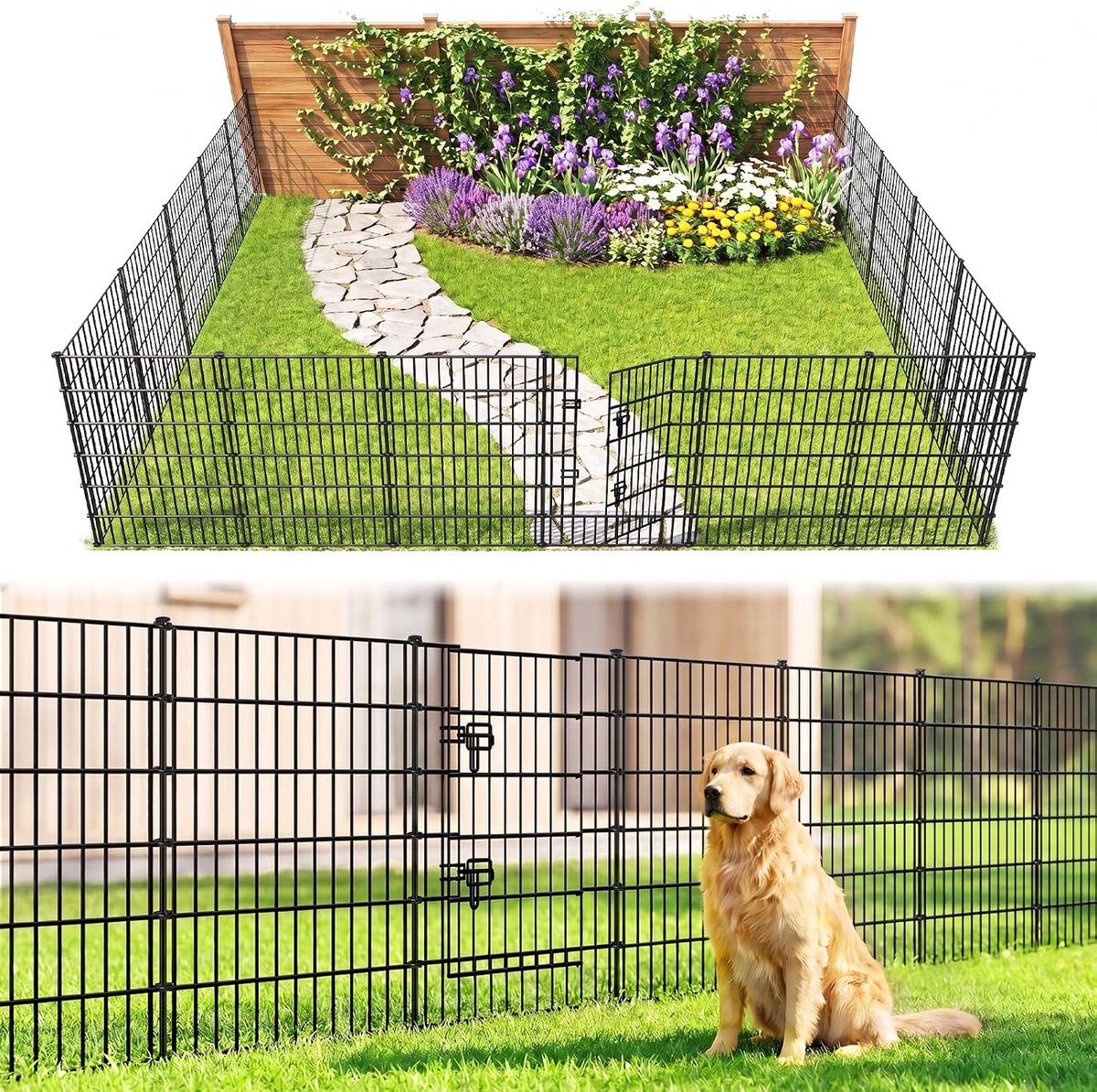 Tuinhek 81 cm Hoog x 71 cm Breed (4 Panelen + 1 Poort, Lengte 3,5 m) Zonder Graven Buiten Roestvrije Metalen Huisdier dier Barrière Grens Hek voor Tuin Terras Bloem Bed