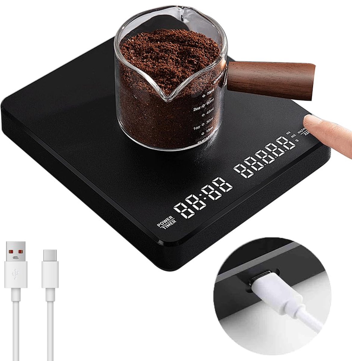 Koffieweegschaal met timer, elektronische keukenweegschaal voor het meten van het gewicht van levensmiddelen, 3 kg/0,1 g, mini oplaadbare digitale koffieweegschaal, verborgen led-scherm