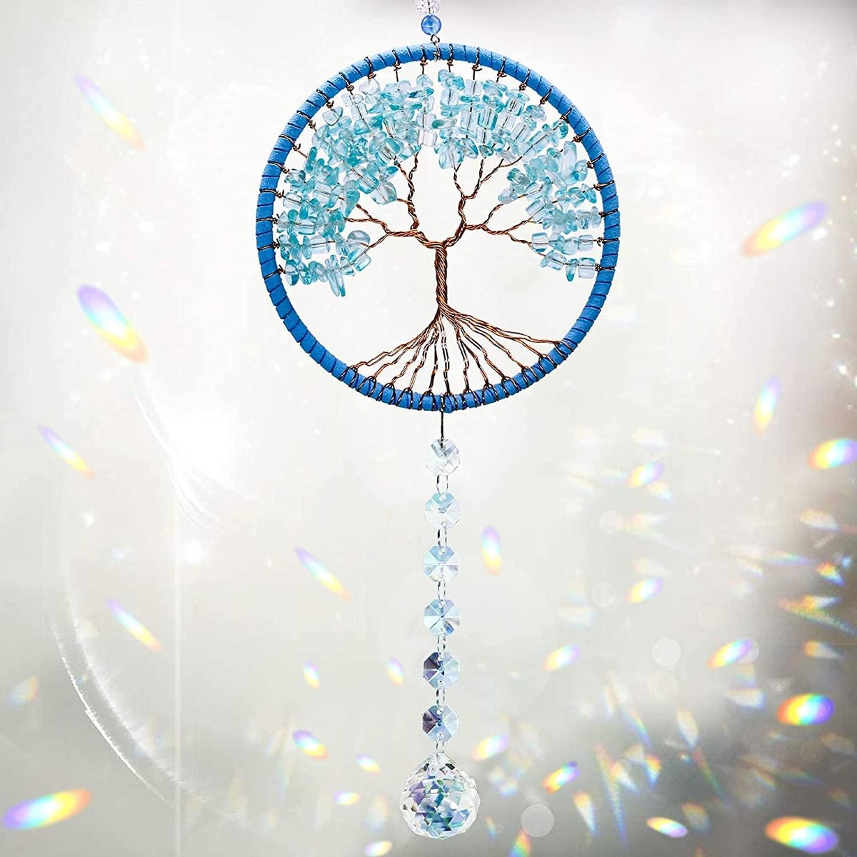 Kristallen levensboom hanger auto hangende spiegel kristallen ornament prisma regenboog raam tuindecoratie blauw