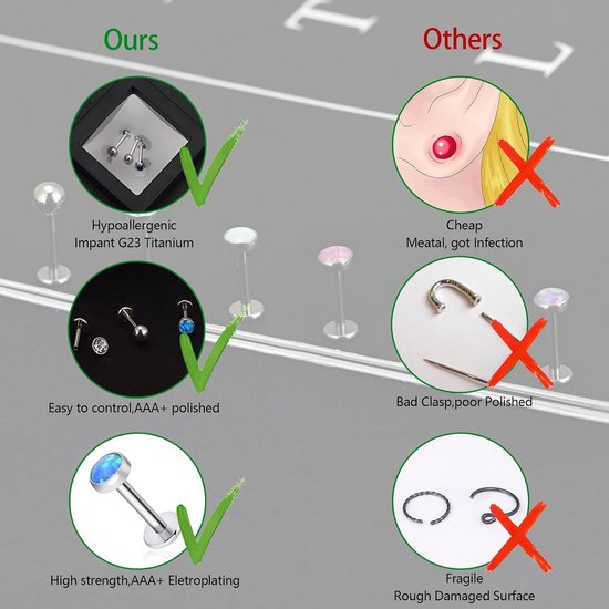 G23 titanium labret lippiercing steker 8MM 16G Medusa Monroe CZ opaal barbell tragus helix lip piercing, Opaal Zirkonia — afbeelding 5