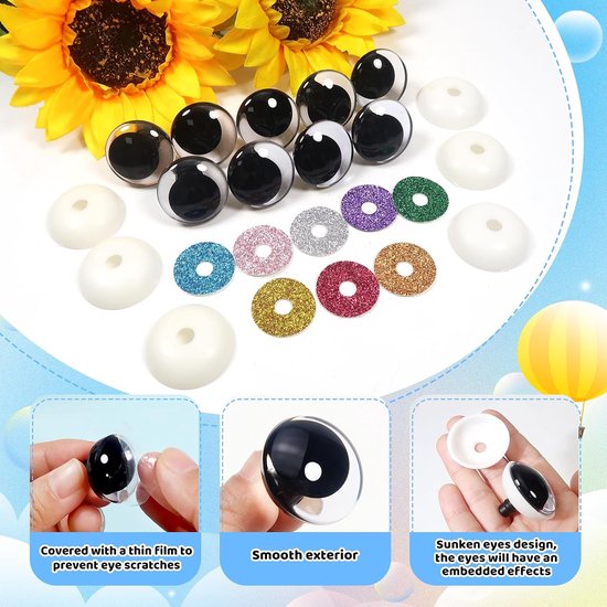 Ogen, poppenogen, glitter, 30 mm, kunststof knutselogen, kleurrijk, knoopogen met sluitringen, voor gehaakte dieren, pop, marionet, pluche dier, teddyogen — afbeelding 5