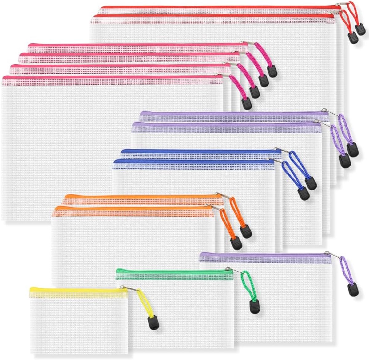 15 stuks waterdichte mesh ritszakken in 8 maten (2 x B4, 4 x A4, 2 x B5, 2 x A5, 1xB6, 1xA6, 1xB8, 2 x Bill), doorzichtig documentenzakje voor school, kantoor, reizen, duurzame plastic organizer
