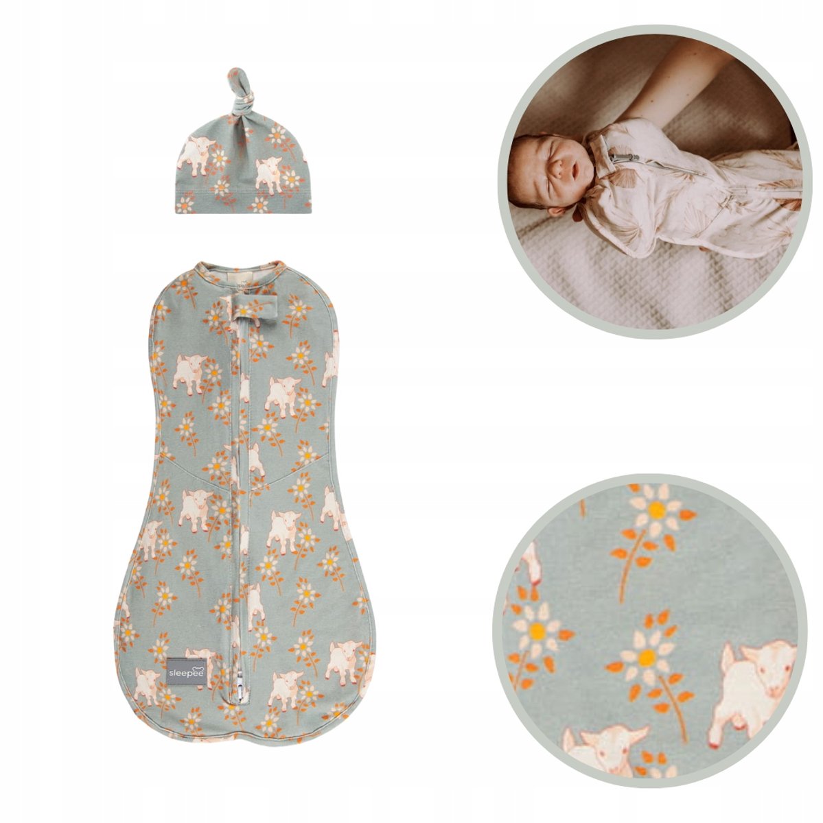 Sleepee First Step babywikkelzak + muts 3-6,5kg Vintage Dieren Hemelsblauw