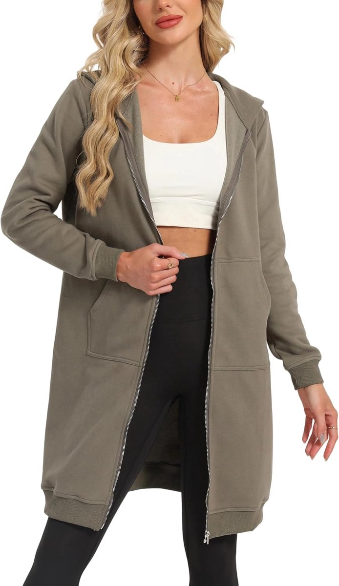 Lange damesjas met capuchon, zacht en los sweatjack, effen, ritssluiting, hoodie, oversized, warm, sweatshirt, jas, capuchon met zakken