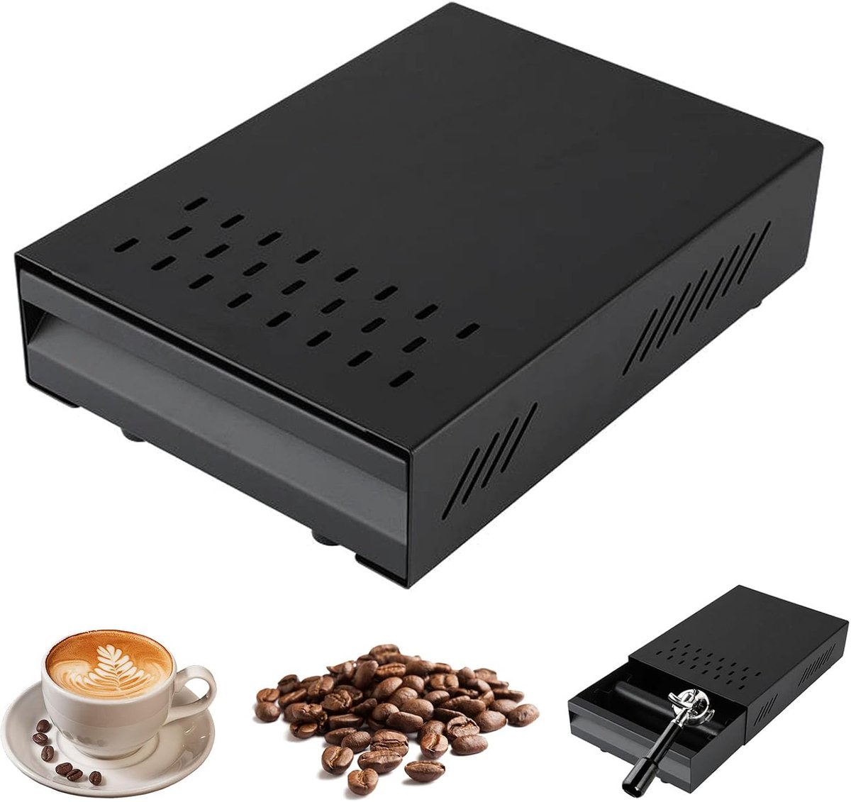 Klopbox, roestvrijstalen klopbox voor espresso-portafiltermachine, koffiemolen, portafilter, grote brouwlade voor café-wonen, 35 x 25 x 8 cm, zwart